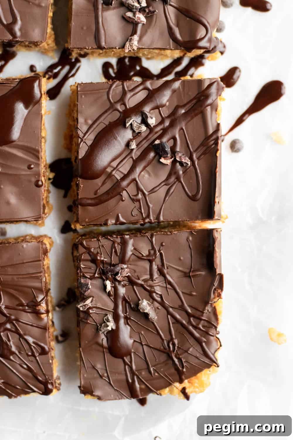Chocolate Peanut Butter Rice Krispie Bars for Dessert 4 Overhead view of chocolate covered peanut butter rice krispie treats sliced.