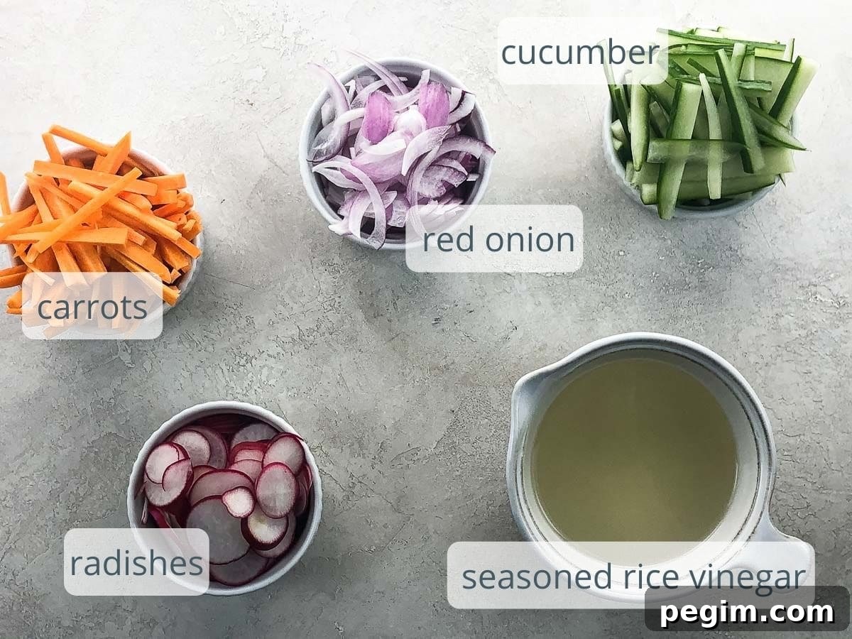 carrots, red onion, cucucmber, radish, and seasoned rice vinegar