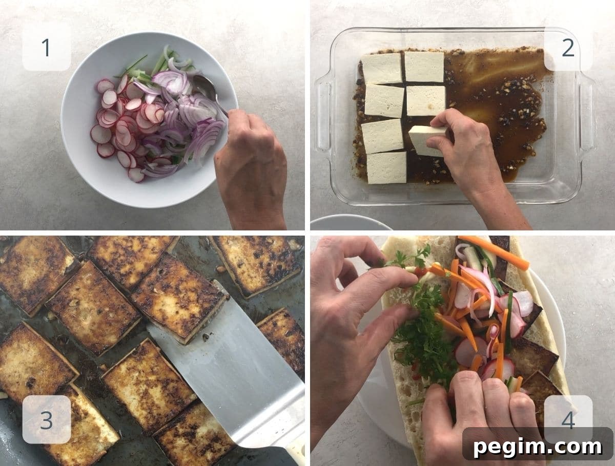 pickling vegetables, marinating and cooking tofu, assembling a sandwich