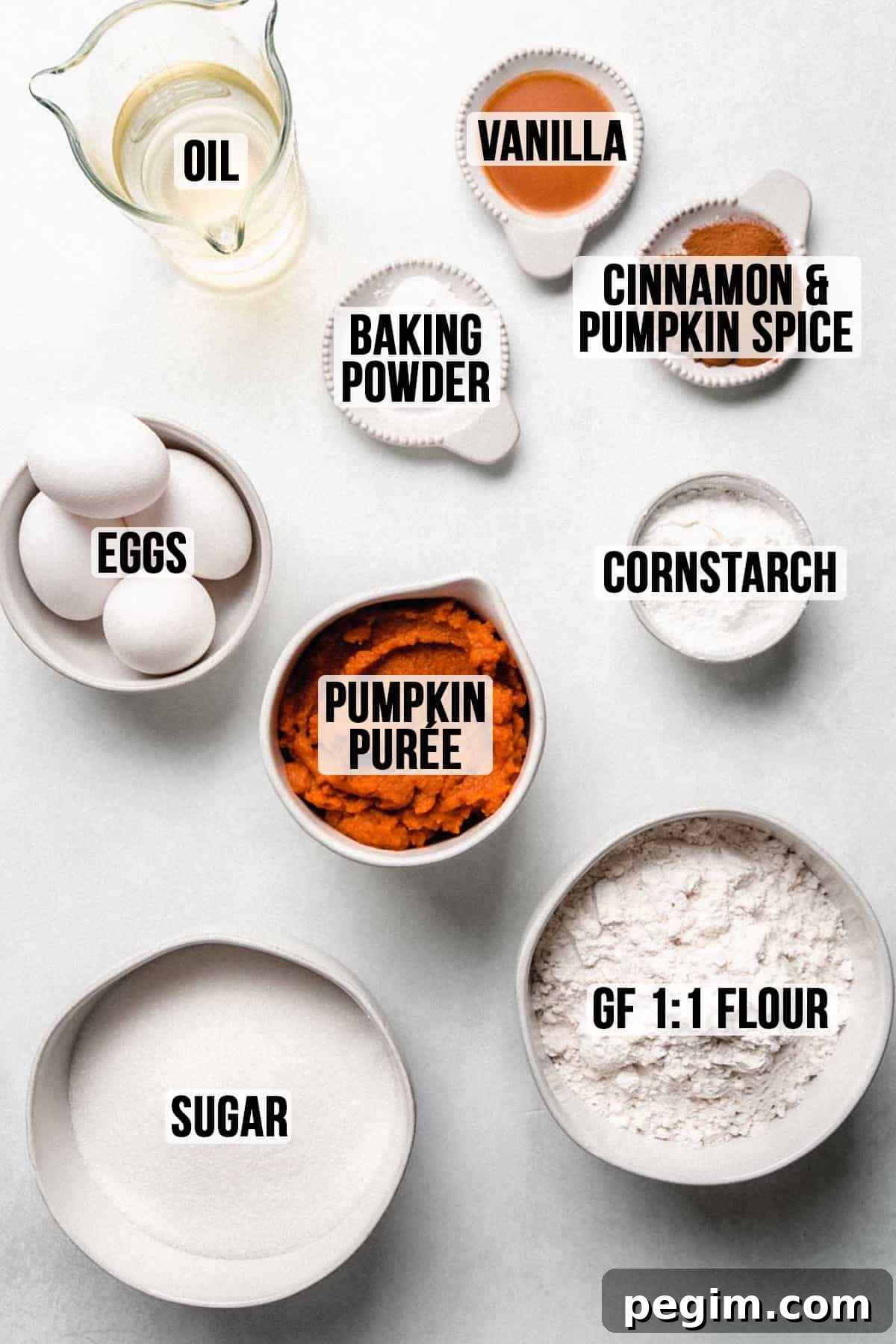 Ingredients for the cake measured out in bowls.