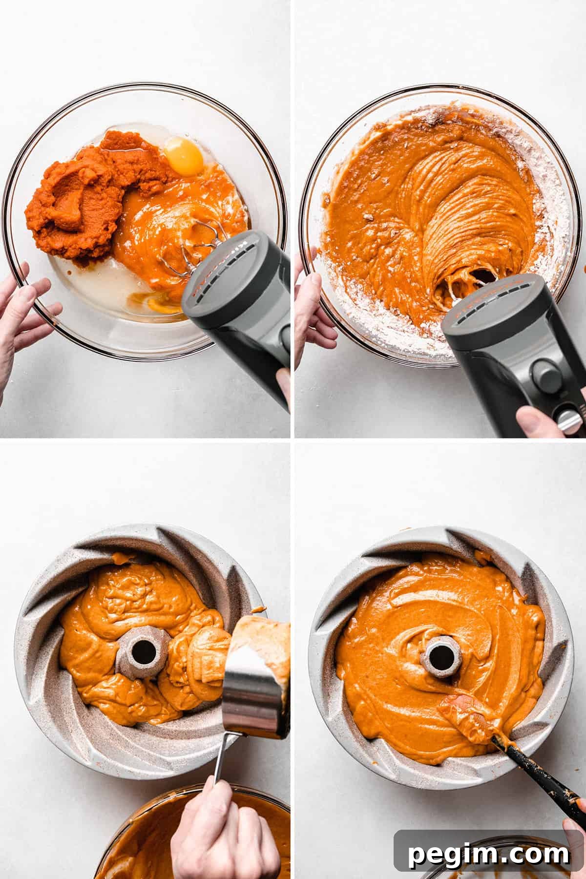 Bright orange cake batter is mixed in a large glass bowl, then poured into a bundt pan and spread evenly. 