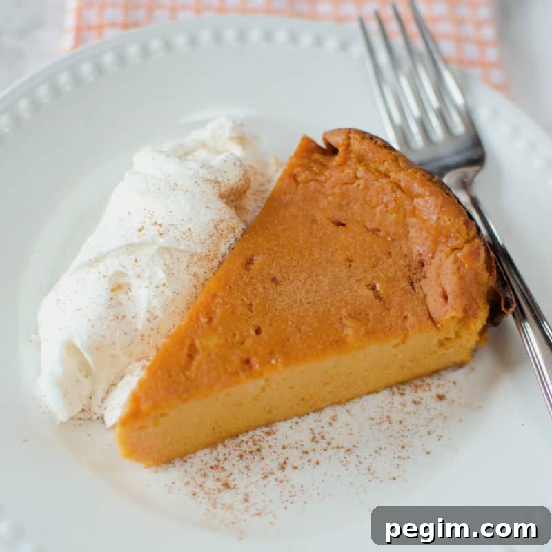 pumpkin pie pudding cake on a white plate with whipped cream and a fork