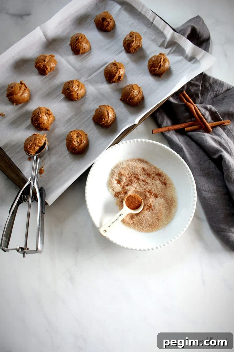 scooping the chewy pumpkin cookie dough and rolling in cinnamon sugar