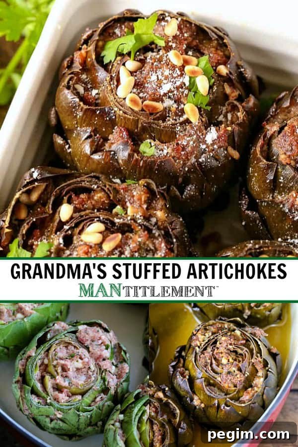 sausage stuffed artichoke recipe collage for pinterest