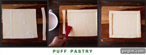 Photos of shaping puff pastry to create a raised frame.