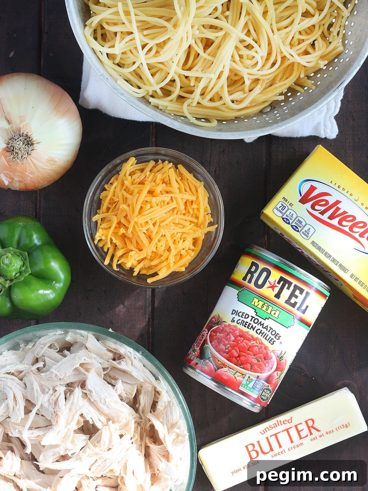 flat lay of ingredients for chicken spaghetti with rotel