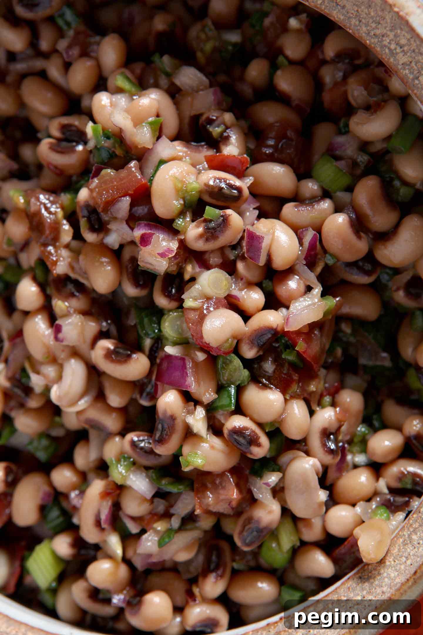 Overhead close up of Black Eyed Pea Dip in a bowl 