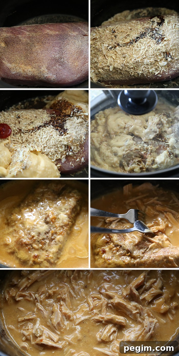 7-photo picture collage of step-by-step photos of how to make Slow Cooker Pork Roast and Gravy.