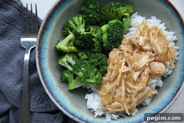 Shredded pork roast and gravy served over rice with broccoli on the side in a soup bowl. A fork is on the left of the bowl sitting on a dark grey cloth napkin.