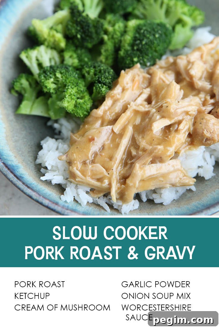 Pinterest picture of Slow cooker Pork Roast Gravy with the text of the ingredients at the bottom and the text of the title above the ingredients list.