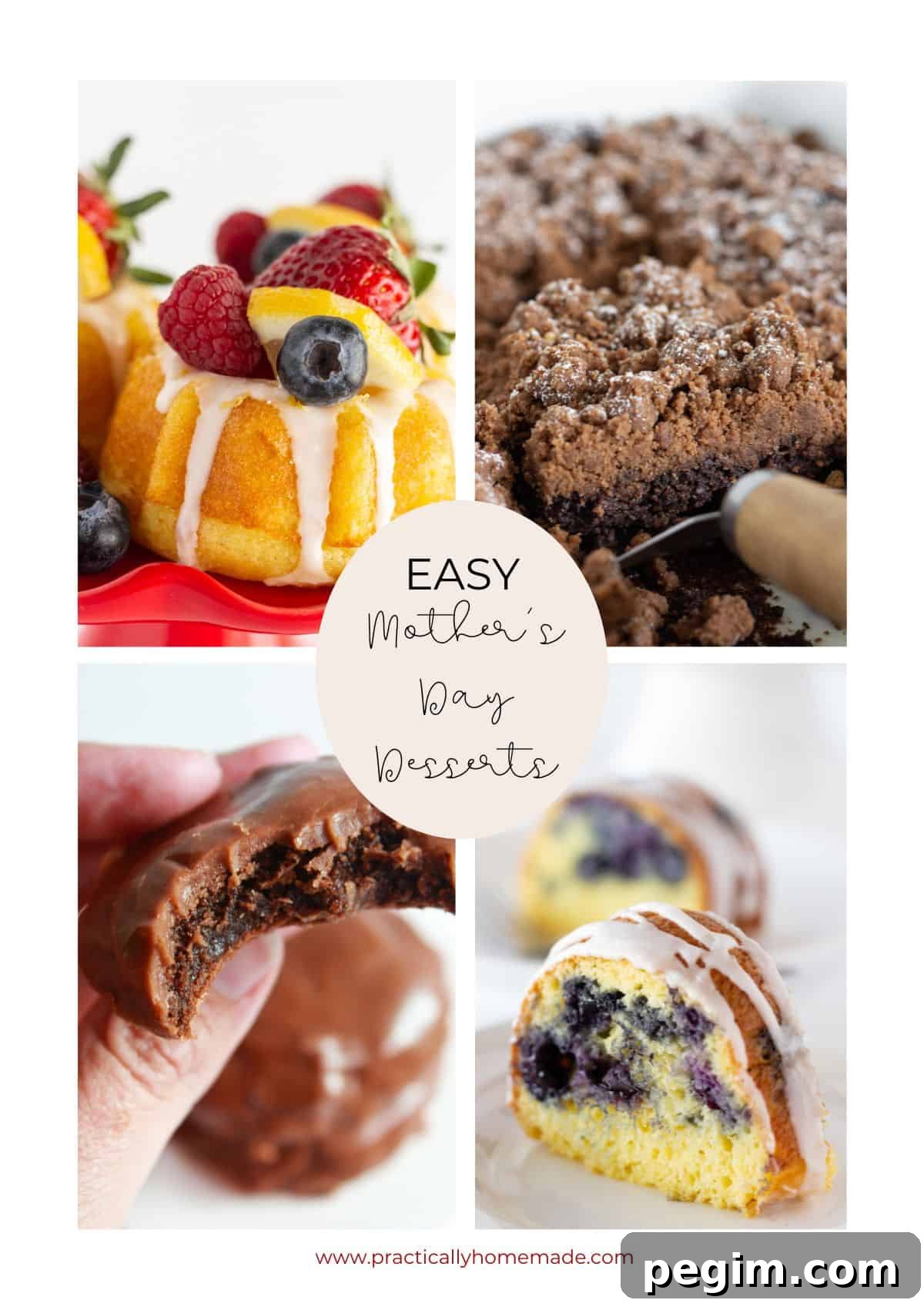 A collage of desserts that are perfect for Mother's Day.