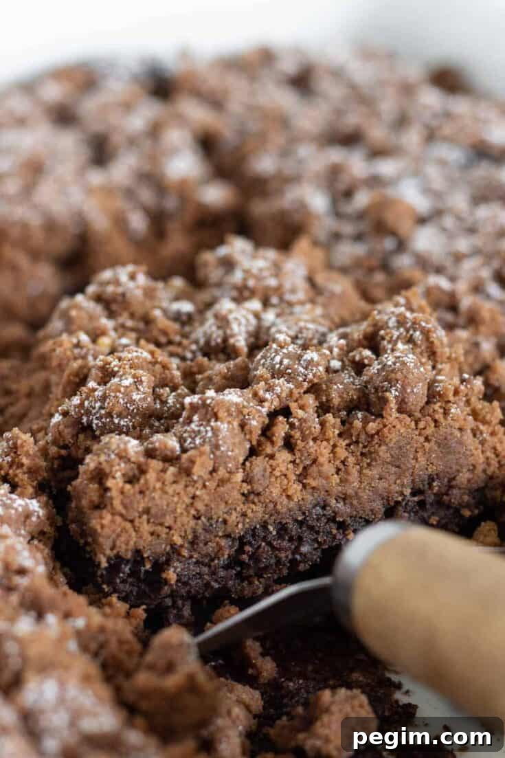 Serving a piece of chocolate crumb cake.