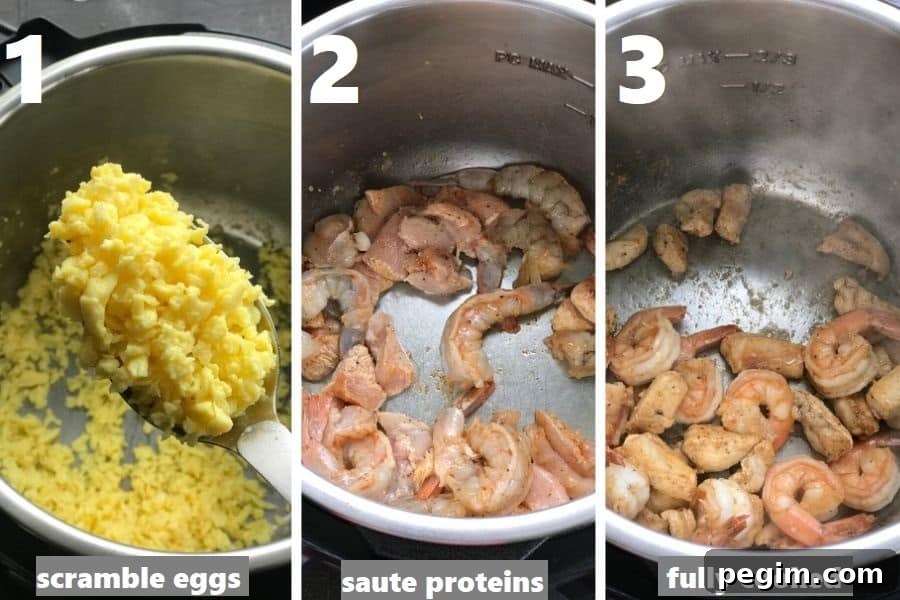 scrambling eggs and sauteing chicken and shrimp together in the instant pot