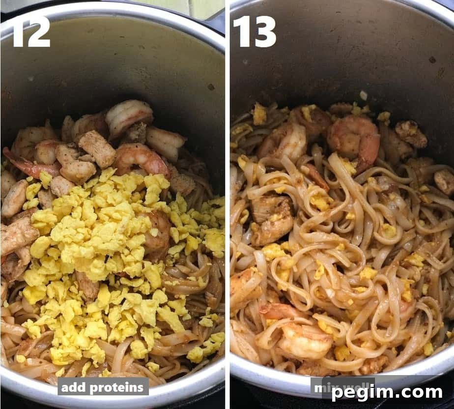 mixing in the cooked proteins with the pad thai