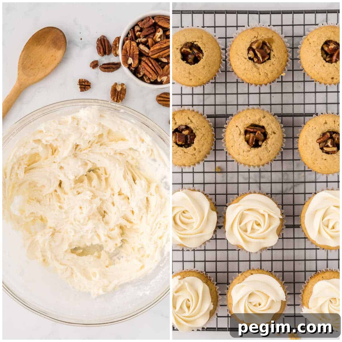 Collage of making the frosting and adding to the cupcakes.
