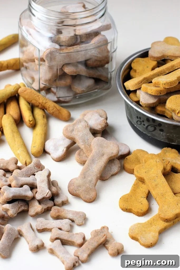 a variety of homemade dog biscuits in different flavors and sizes