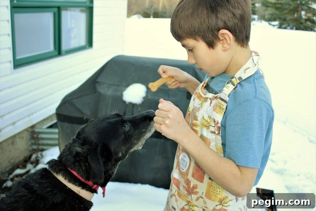 Eric feeding Pippa one of his homemade dog biscuits out on the deck