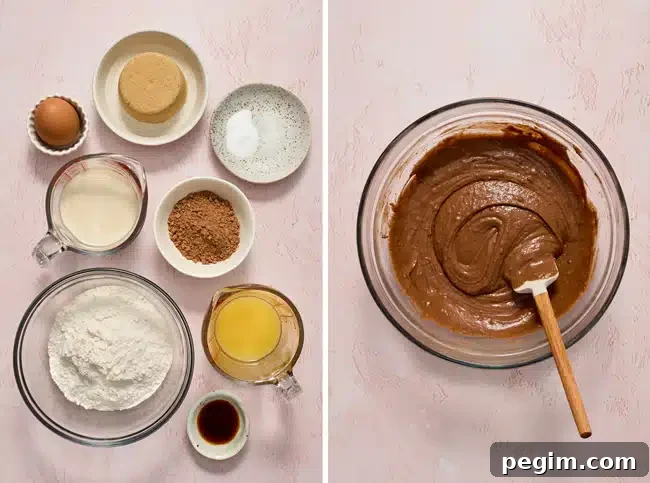 Ingredients for chocolate donut holes in small bowls and then batter in a mixing bowl.