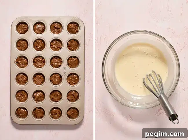 Donut batter in a mini muffin pan and glaze mixed together in a bowl.