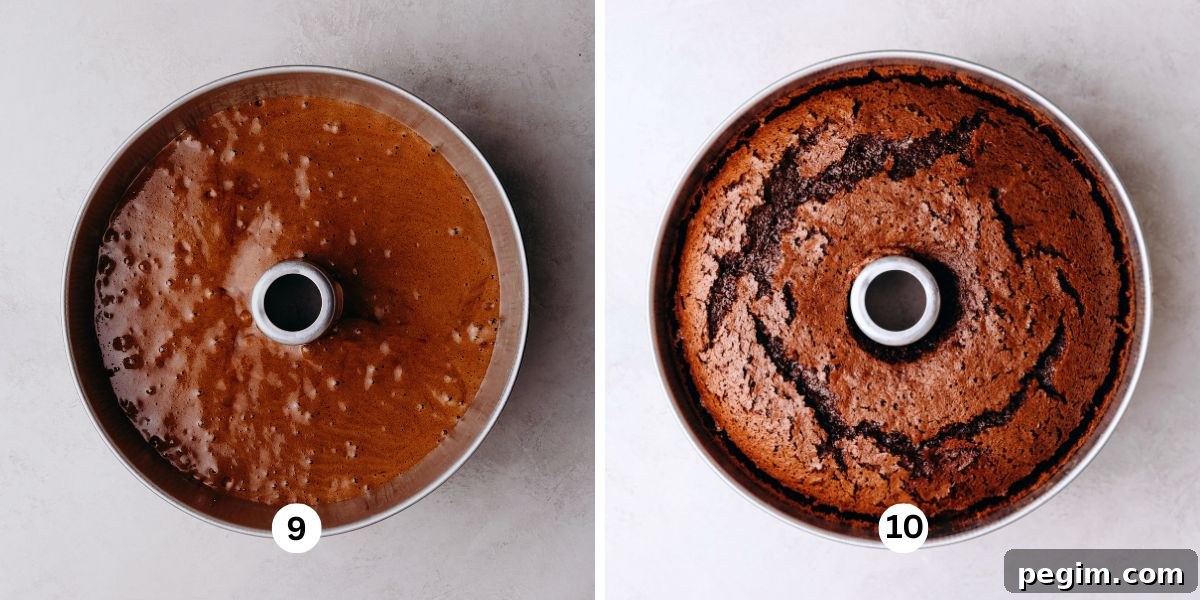 Chocolate chiffon cake batter in an aluminum tube pan then baked.