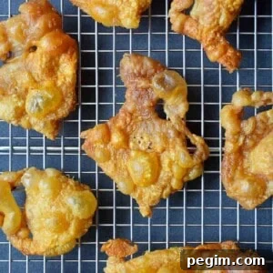 An overhead shot of Crispy Chicken Skin on a wire rack