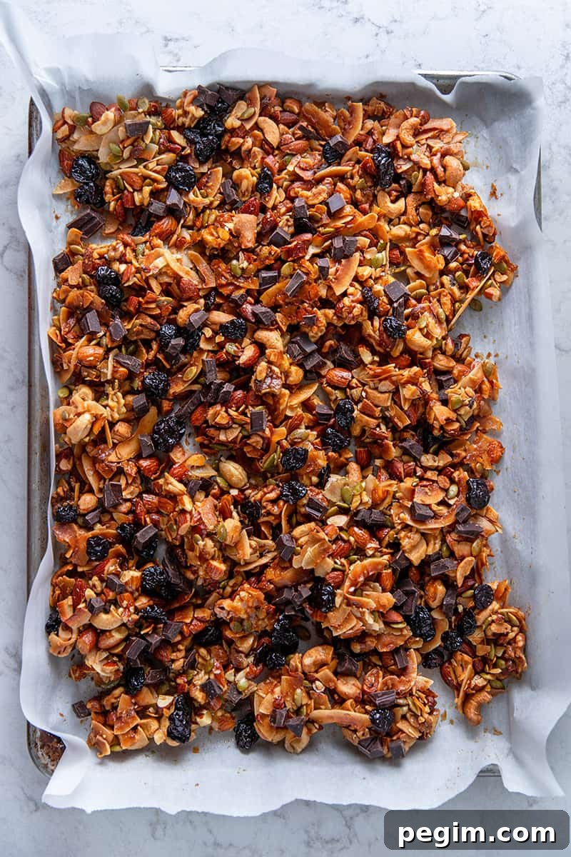 An overhead shot of a tray of chocolate cherry paleo granola