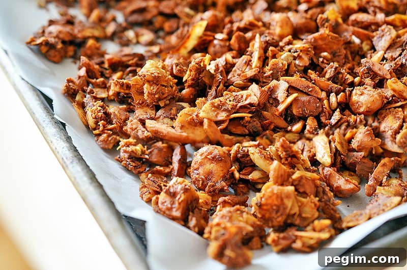 A closeup of a tray of paleo tropical granola fresh out of the oven.