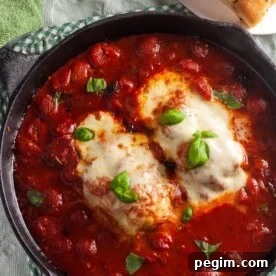 Chicken breasts in cherry tomato and basil sauce topped with mozzarella