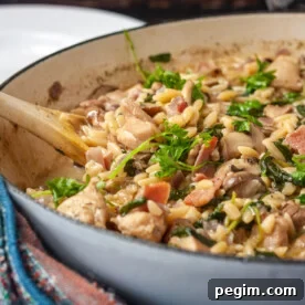Creamy chicken orzo in a cast iron pan