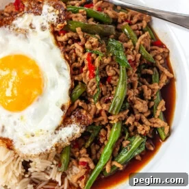 Portion of Thai basil pork with rice and an egg