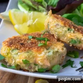 Two crispy salmon fish cakes on a white plate