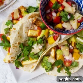 Halloumi tacos with pineapple mango salsa