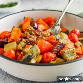 Mediterranean roast vegetables in a white dish