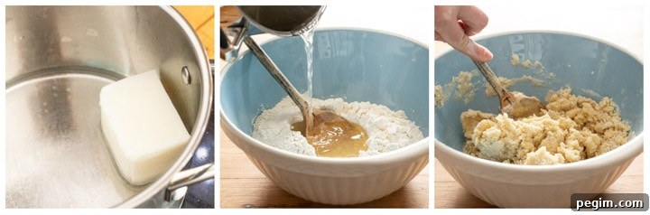 3 images showing how to make hot water crust pastry for British pork pies