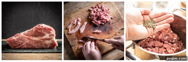 collage of 3 pics, 1 is a piece of pork shoulder, 1 is a close up of hands chopping pork meat on a wooden board and 1 is a hand holding herbs over the bowl of pork pie filling