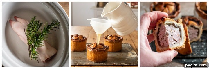 3 images showing the different stages of making British pork pie jelly using a pigs trotter and herbs