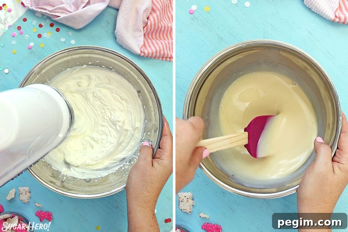 2 photo process picture of cream being whipped and then having sweetened condensed milk stirred in for Circus Animal No-Churn Ice Cream.