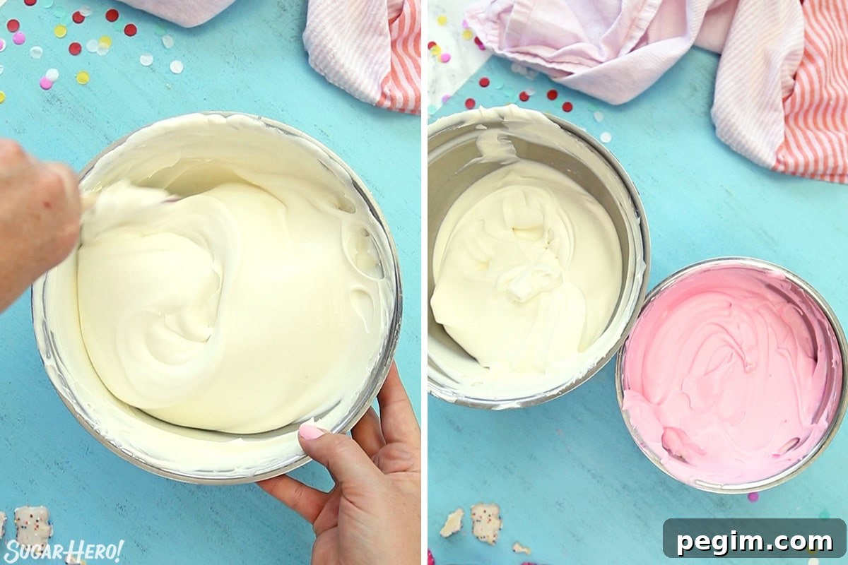 2 photo process picture of mixed ice cream batter being split into a bowl of white and another of pink for Circus Animal No-Churn Ice Cream.