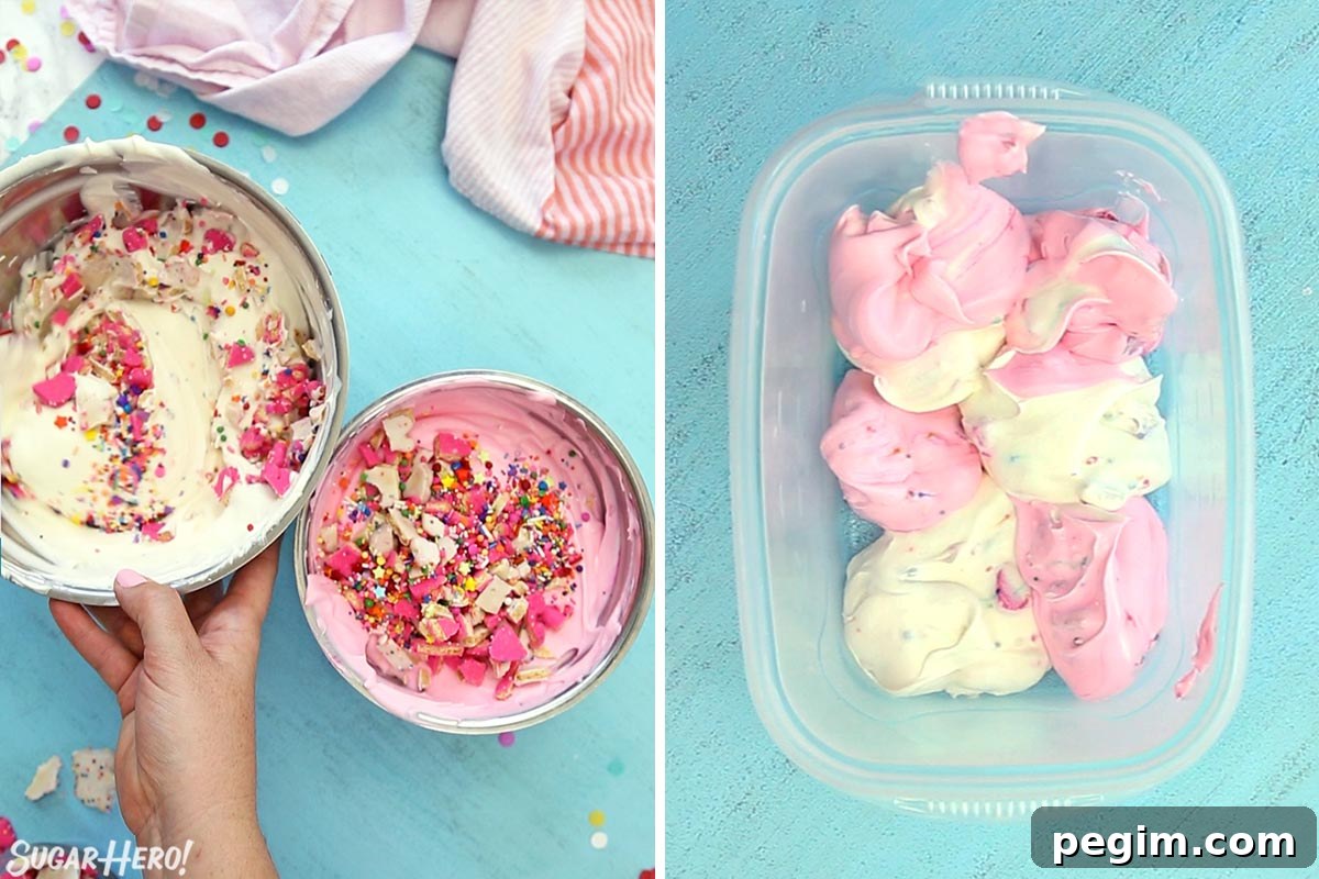 2 photo process picture of pink and white bowls of Circus Animal No-Churn Ice Cream with cookies and sprinkles ready to be stirred in and then scooped into a plastic container.