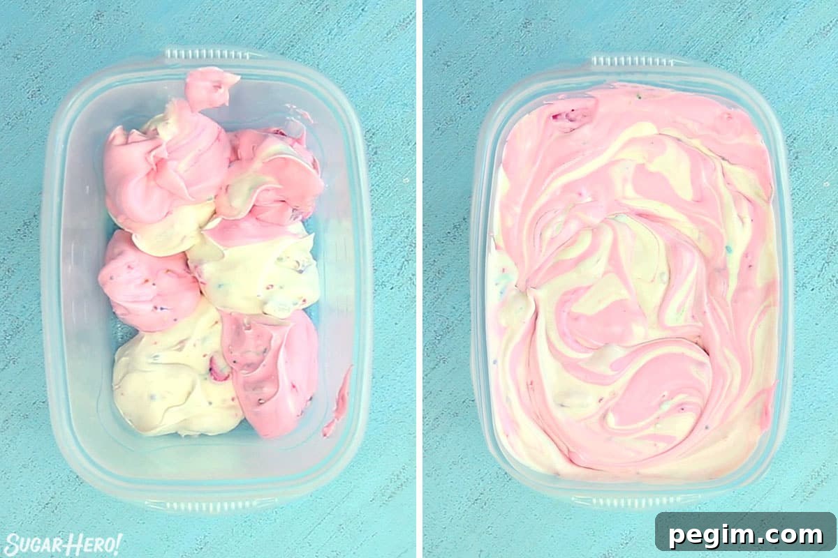 2 photo process picture of pink and white scoops of Circus Animal No-Churn Ice Cream in a plastic container and then a photo of the scoops swirled together.