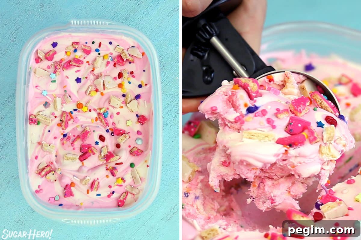 2 photo process picture of frozen Circus Animal No-Churn Ice Cream in a plastic container and a scoop of the ice cream.
