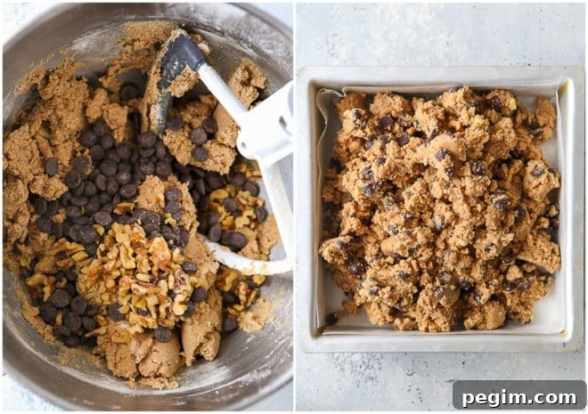 cookie bar dough in mixing bowl and in baking pan