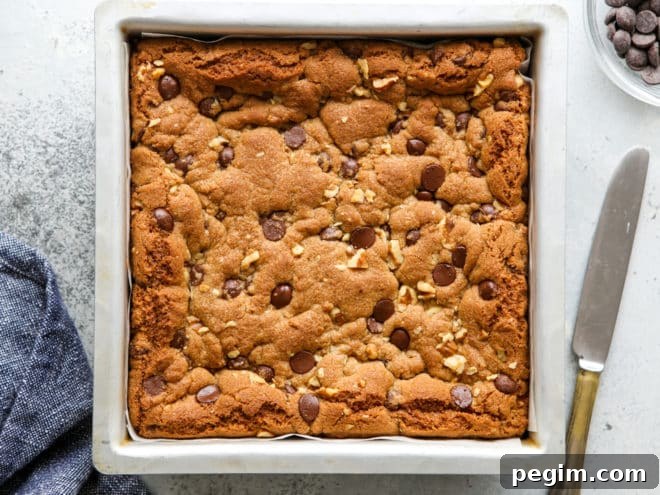 baked whole wheat chocolate chip cookie bars in square an