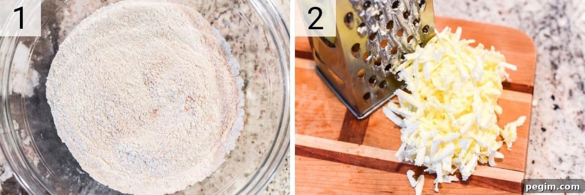 process shots of mixing dry ingredients in bowl and grating butter