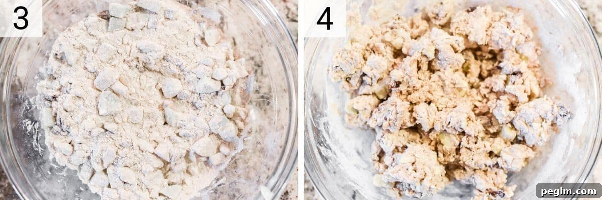 process shots of adding butter to flour mixture before adding buttermilk and apples