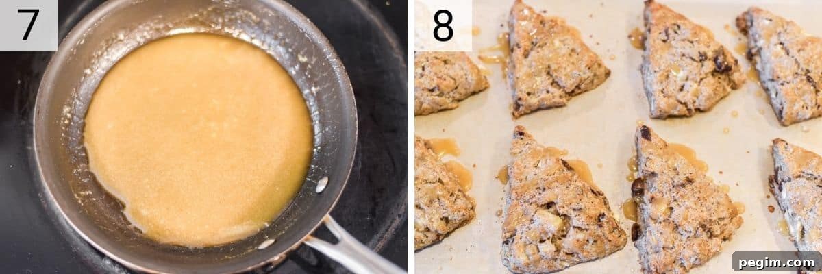 process shots of making caramel and drizzling on top of scones