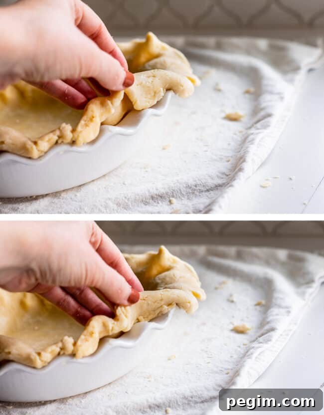 how to fold under the edge of the pie crust in order to crimp.