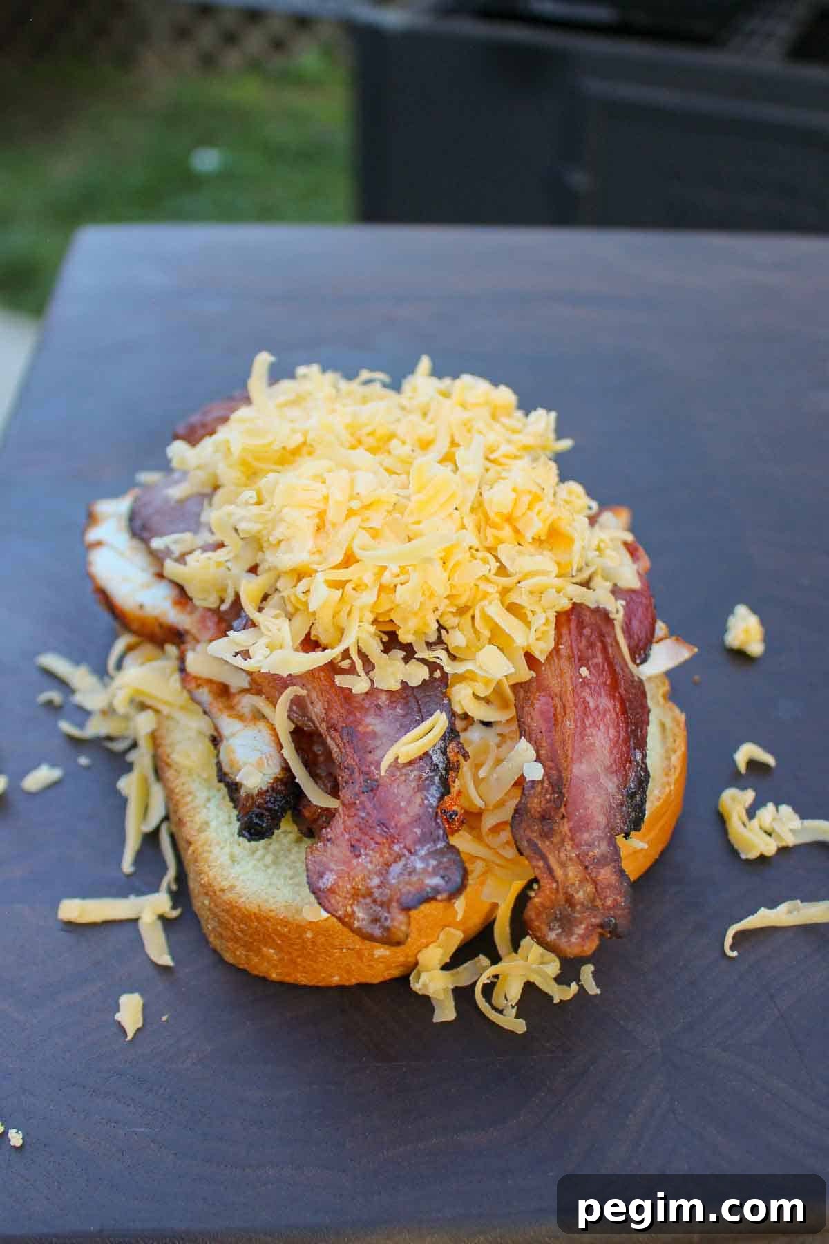 All the Chicken Bacon Ranch Patty Melt toppings assembled in the melt.