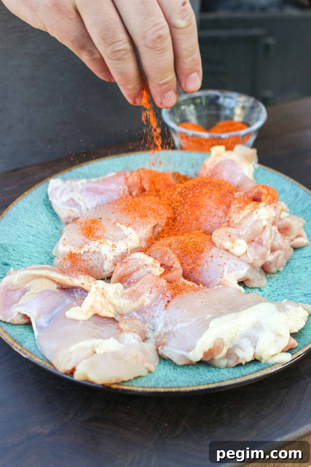 Seasoning the chicken thighs so that they're ready for cooking.