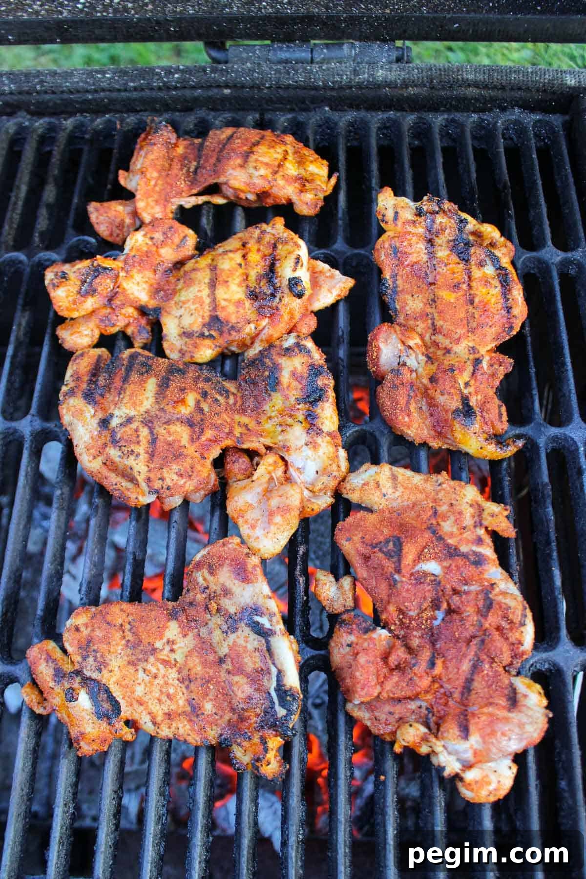 The chicken thighs charring over the coals.